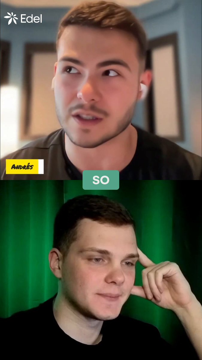 The image shows two men's faces side by side with a green background. The man on the left has short hair and is wearing a black shirt, while the man on the right also has short hair but is dressed more casually in a black t-shirt. Both men are looking at something off to the side of the frame, possibly engaged in a conversation or observing an interesting object.