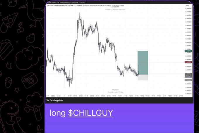 A TradingView chart shows the price action of 'CHILLGUY/USDT' on Binance Perpetual, with a purple banner below reading 'long $CHILLGUY'.