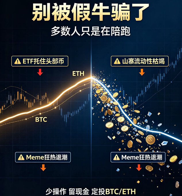 Chinese-language infographic warning against crypto scams, showing charts for BTC and ETH with warnings about ETF, altcoin liquidity collapse, and Meme coin decline. Bottom text advises '少操作 留现金 定投BTC/ETH' (Operate less, keep cash, DCA into BTC/ETH).