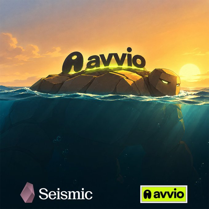 Promotional image for 'Seismic' featuring an animated rock-like creature emerging from the ocean at sunset, with the 'avvio' logo displayed both on the rock and in a green box at the bottom right.