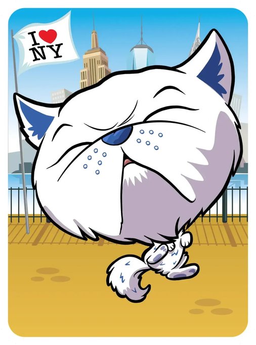 The image features a cartoon cat with white fur, blue eyes, and a big smile. It appears to be dancing or running around, giving off an energetic vibe. The background of the image shows a city skyline, indicating that this scene takes place in New York City. The caption at the bottom of the image reads "Never been more proud to be a Veefriends @veefriends".