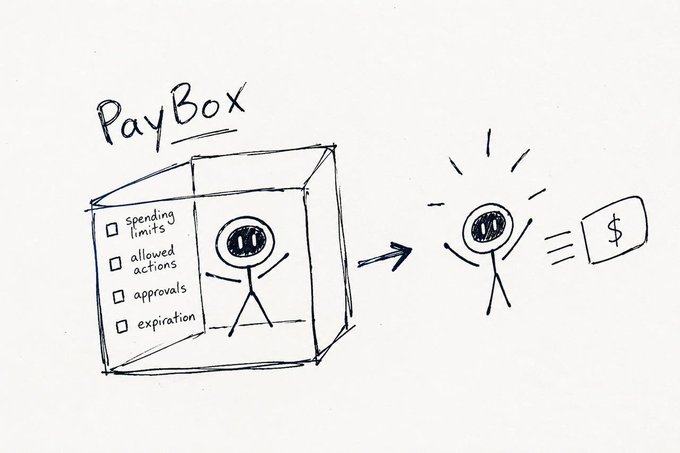 A hand-drawn sketch of a 'PayBox' concept showing a box with options for spending limits, allowed actions, approvals, and expiration, with an arrow pointing to a stick figure receiving money.