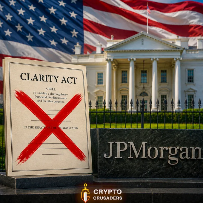 The image shows a document titled "CLARITY ACT" (described as "A BILL To establish a clear regulatory framework for digital assets and for other purposes") with a large red X across it, displayed next to a JPMorgan sign and the White House under an American flag.

The caption highlights JPMorgan's warning that without passing the CLARITY Act to establish a regulatory framework for digital assets, crypto markets will suffer — aligning with the post's urgency for XRP holders to push for swift legislation.