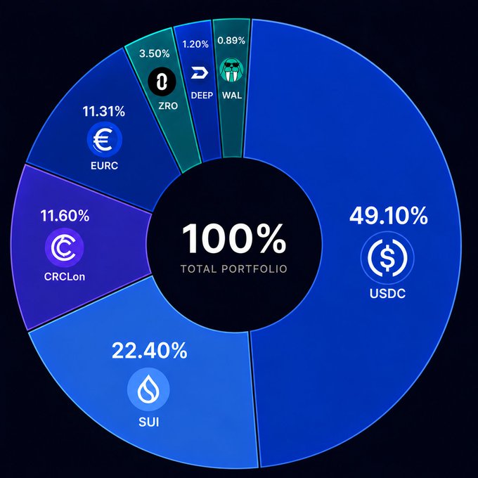 Portfolio allocation donut chart showing USDC 49.10%, SUI 22.40%, CRCLon 11.60%, EURC 11.31%, ZRO 3.50%, DEEP 1.20%, WAL 0.89% — totaling 100%.
