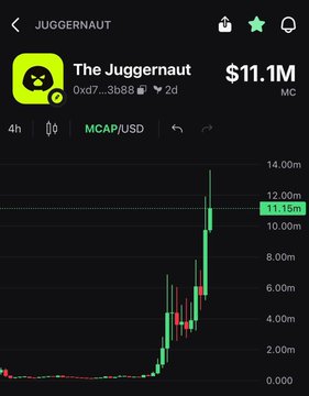 A Pump.fun mobile app screen shows the "JUGGERNAUT" token (ticker: 0xd7...3b88) trading on the MCAP/USD pair with an $11.1M market cap, illustrating one of the meme coins available on Robinhood Chain via Pump.fun. The chart displays a sharp recent price spike climbing from near zero to around $11.15m, supporting the post's promotion of Robinhood Chain tokens on the platform.