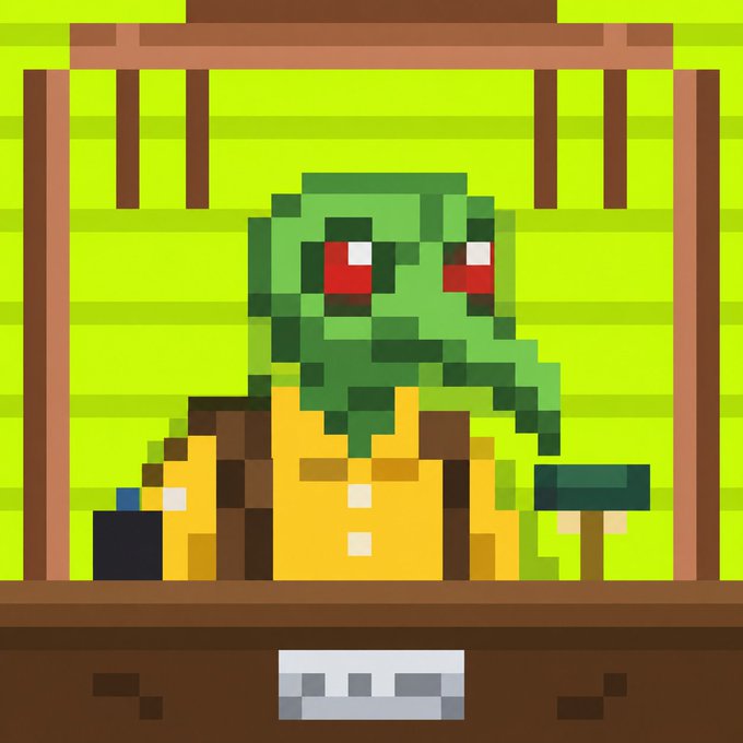 A pixel art illustration of a green zombie-like character with red eyes behind a wooden counter or stall.