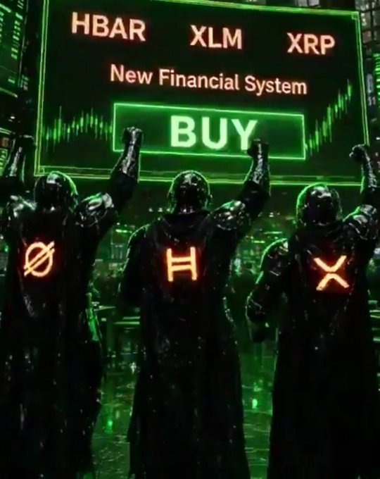 A graphic depicting three figures in cloaks with cryptocurrency symbols (HBAR, XLM, XRP) on their backs raising their fists in front of a green screen displaying 'New Financial System' and a 'BUY' button.