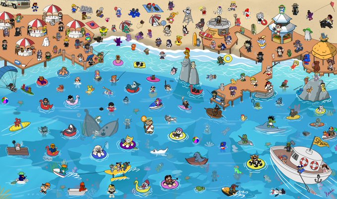 A bustling cartoon beach scene shows numerous characters swimming, floating on pool toys, and lounging under striped umbrellas, with a boat labeled "Steve" in the water. The vibrant, crowded illustration ties into the post's urgency of "4 hours left to mint a copy," likely depicting the limited-edition NFT artwork being promoted for minting.