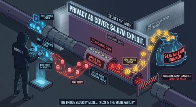 The image features a flowchart or infographic explaining the concept of 'Secret Network' and their privacy system, which operates on an ICS-20 smart contract bridge network. The person depicted here is a figure associated with the network's security team, presumably working to prevent unauthorized access and protect the privacy of its users. They are using a computer to view some documentation, possibly related to enhancing the security measures in place for the system. 

The flowchart illustrates the steps taken by the security team to ensure the privacy of their users' data and explain how they uncovered an exploited vulnerability. The network's security features were found to have worked perfectly to hide a $4.67 million theft attempt, lasting 9 days before being detected. This highlights the importance of constant monitoring and updating of security systems in order to stay ahead of potential threats.