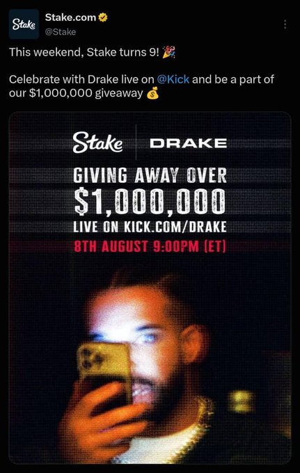 A Twitter/X post from @Stake announcing a $1,000,000 giveaway with Drake live on @Kick on 8th August 9:00PM (ET), featuring an image of Drake holding a phone.