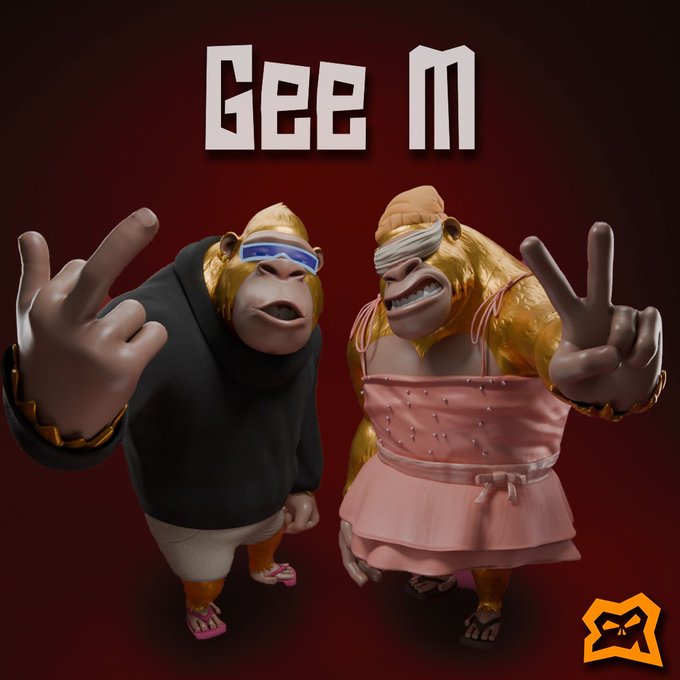 Two anthropomorphic monkeys wearing sunglasses, one in a black hoodie and the other in a pink dress, making peace signs under the text 'Gee M'.