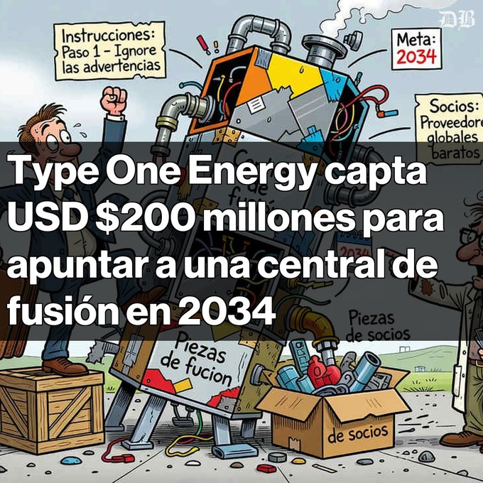 A satirical illustration showing two cartoon engineers assembling a chaotic fusion machine from mismatched parts, with overlaid Spanish text reading 'Type One Energy capta USD $200 millones para apuntar a una central de fusión en 2034'.