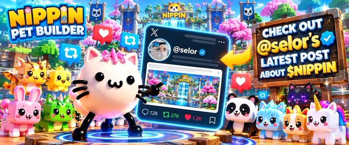 A vibrant promotional graphic for "Nippin Pet Builder" features a cute white cat character alongside other colorful pets, with a mock social media post from "@selor" showing 128 comments, 276 reposts, and 1.2K likes, and a sign directing viewers to "@selor's latest post about $NIPPIN." The image visually supports the announcement of the $NIPPIN game's upcoming Q4 2026 launch on Solana, highlighting the community engagement and token-driven marketplace.