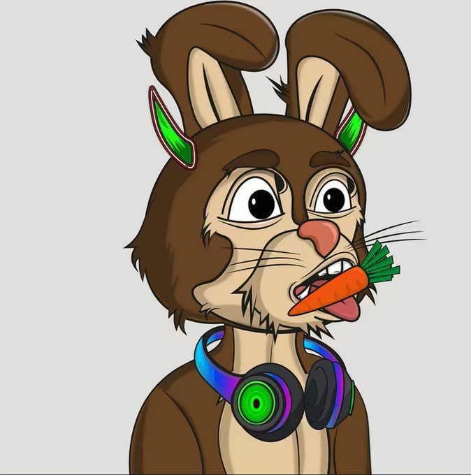 A digital illustration of an anthropomorphic brown rabbit character wearing headphones and holding a carrot in its mouth, with green accents on its ears.