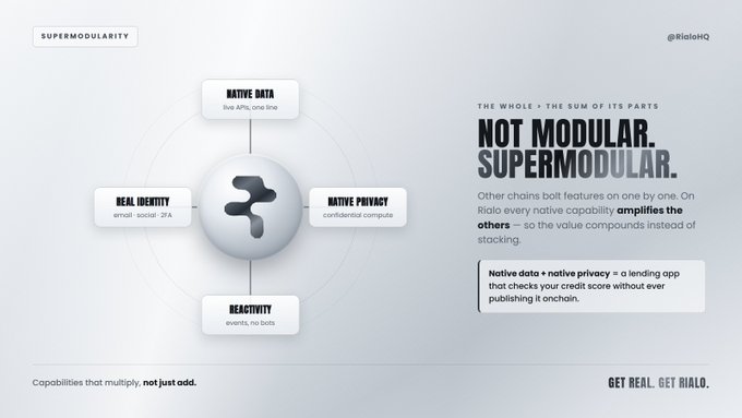 A promotional graphic for RialoHQ titled 'NOT MODULAR. SUPERMODULAR.' featuring a central diagram with components for Native Data, Native Privacy, Reactivity, and Real Identity, with the tagline 'GET REAL. GET RIALO.'