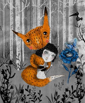 An artistic illustration of a girl with dark hair holding an orange fox-like creature in a forest setting with a blue flower, with the 'TikTok' watermark visible.