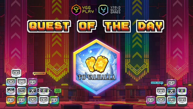 The image features a poster for a video game called "Quest of the Day" that is powered by the Ygg Play app. The poster includes a large hexagon with two yellow diamonds, which reads "Quest of the day". Below this, there are smaller hexagons containing various characters from different video games. The text on the poster also mentions the objective and rewards for completing the quests in the game.