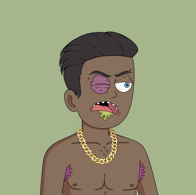 An illustrated cartoon character of a dark-skinned boy with a black fade haircut, one purple bruised eye, gold teeth, and a gold chain necklace, shown from the chest up against a plain green background.