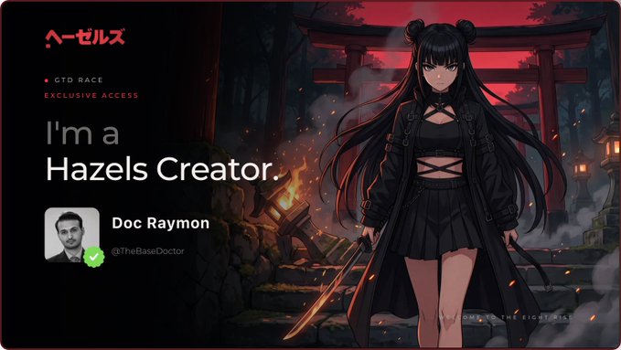 A Hazels Creator profile card for 'Doc Raymon' (@TheBaseDoctor) featuring an anime-style dark-haired character in gothic attire holding a sword against a red torii gate background.