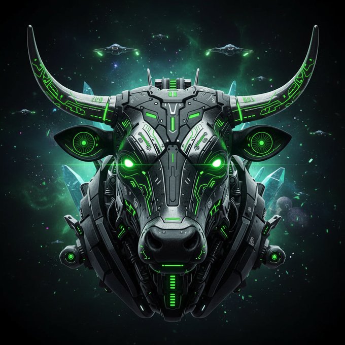 A digital artwork of a cybernetic bull's head with glowing green eyes and mechanical details set against a cosmic space background.