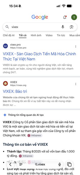 A Google search results page on a mobile phone in Vietnamese, searching for 'vivex' and showing results for VIXEX, described as a crypto asset exchange in Vietnam.