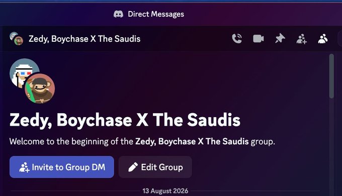 A Discord group DM named "Zedy, Boychase X The Saudis" showing two member profile pictures and group management options like "Invite to Group DM" and "Edit Group."