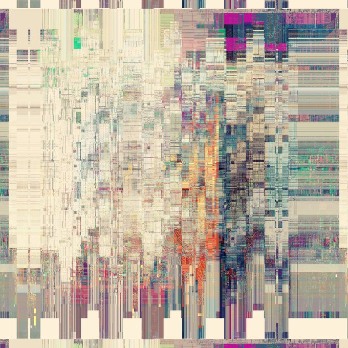 An abstract, glitch-art style image composed of fragmented vertical and horizontal lines in muted earth tones, blues, and splashes of magenta and orange.