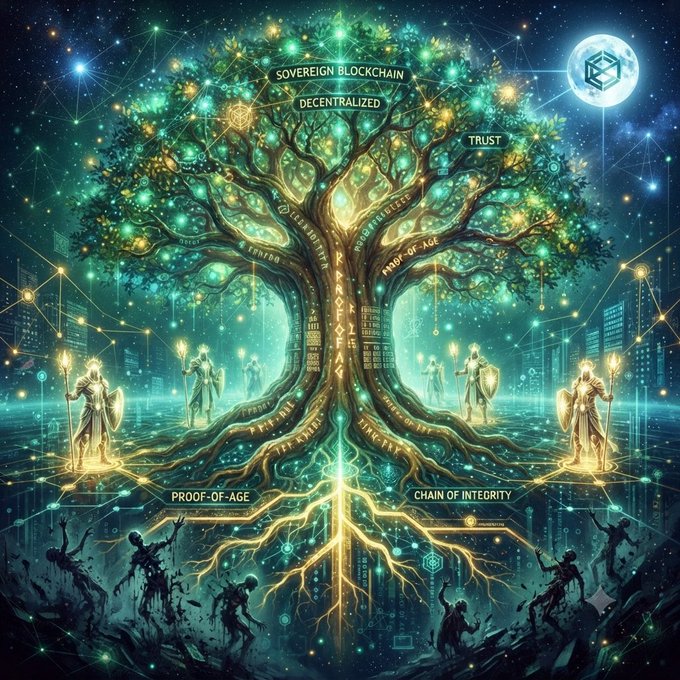 A glowing cosmic tree with interconnected roots and branches displays blockchain-themed text including 'SOVEREIGN BLOCKCHAIN', 'DECENTRALIZED', 'TRUST', 'PROOF-OF-AGE', and 'CHAIN OF INTEGRITY', surrounded by armored guardians.
