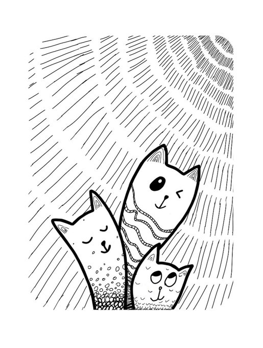 A black and white line drawing illustration of three cartoon cats with different patterns and expressions under radial hatching lines.