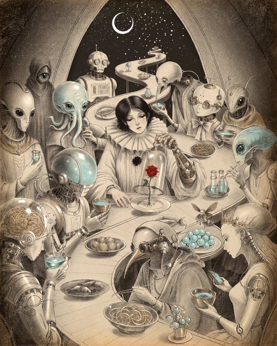 A surreal illustration depicts a pale woman with a ruffled collar sitting at a long table surrounded by various extraterrestrial and robotic beings, with a crescent moon visible through an arched window above.