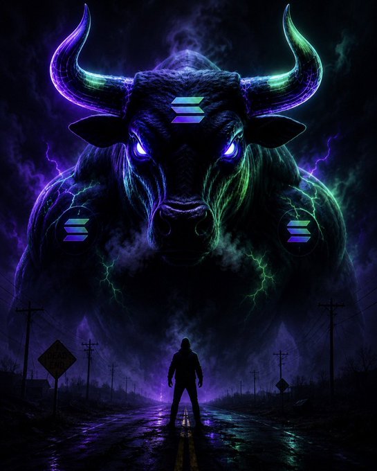 A lone figure stands on a dark, stormy road facing a massive, glowing bull with electric purple and green energy crackling around its horns and eyes, prominently displaying the Solana (SOL) logo on its forehead and shoulders alongside "$CURB $SOL" tickers—visually symbolizing an unstoppable, electrifying bull market run for Solana.