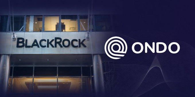 A photo of the BlackRock headquarters signage is overlaid with the Ondo Finance logo, illustrating the post about Ondo tokenizing BlackRock-developed portfolio strategies into single tokens (BLKHIon, BLKDIGon, and BLKGRWon) for non-US investors.