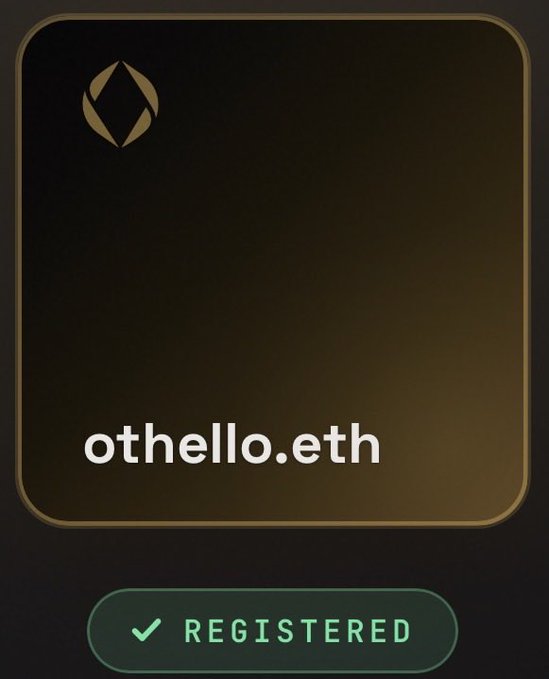 A dark registration card displaying the domain 'othello.eth' with a logo at the top and a green 'REGISTERED' checkmark button at the bottom.