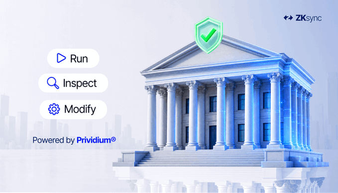 A banner for ZKsync features a classical bank building adorned with a green verification shield, alongside three action buttons ("Run," "Inspect," "Modify") and a "Powered by Prividium®" label. The imagery of a secure, verifiable financial institution aligns with the post's announcement of Pontes going live, symbolizing the European shift toward tokenized settlement in central bank money and highlighting the Bundesbank's self-hosted deployment of Prividium's open-source core.