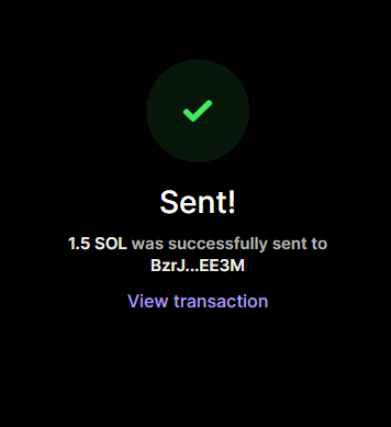 A confirmation screen showing "Sent!" with a green checkmark indicates that 1.5 SOL was successfully sent to the address BzrJ...EE3M, accompanied by a "View transaction" link. This supports the post's claim of givaways, visually proving that 1.5 SOL was indeed transferred to a randomly selected winner.