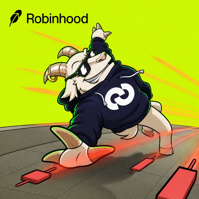An illustrated mascot for Robinhood, featuring an anthropomorphic goat wearing a hoodie with the company's logo and sunglasses, performing a dance move with red speed lines suggesting motion.