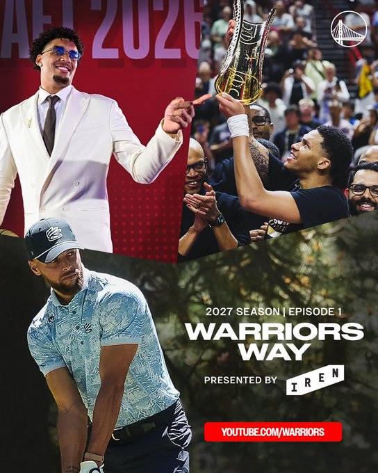 The promotional graphic for "2027 Season | Episode 1: Warriors Way" features three photos of Golden State Warriors player Klay Thompson—including him in a white suit, holding up a championship trophy, and wearing a blue patterned polo with a cap—with text noting the episode is presented by IREN and directs viewers to youtube.com/warriors. The collage complements the post's announcement that the behind-the-scenes series premiere is now available on YouTube.