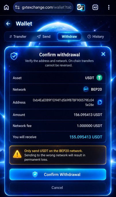 A screenshot of the GXT Exchange wallet's withdrawal confirmation screen showing a 156.095413 USDT transaction on the BEP20 network with a 1 USDT fee, leaving 155.095413 USDT to be received. The image illustrates the user's experience attempting to withdraw funds from GXT Exchange, highlighting the verification step required before funds can be sent out.