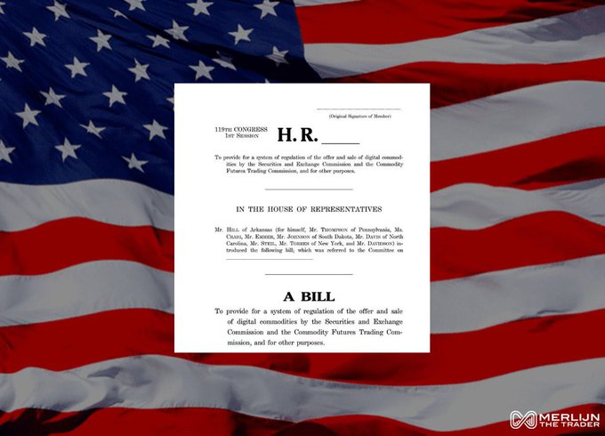 A U.S. House Resolution document overlaid on an American flag, discussing regulation of digital commodities through the SEC and CFTC, branded with 'Merlin The Trader' logo.