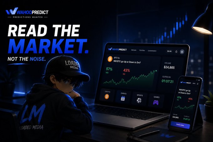 A dark-themed promotional banner for 'WAHOOPREDICT' with the tagline 'READ THE MARKET. NOT THE NOISE,' featuring a young person in an 'LM Loaded Media' hoodie viewing the prediction platform on laptop and phone, showing BTC and market data including a $24,865 price and 57%/43% YES/NO split.