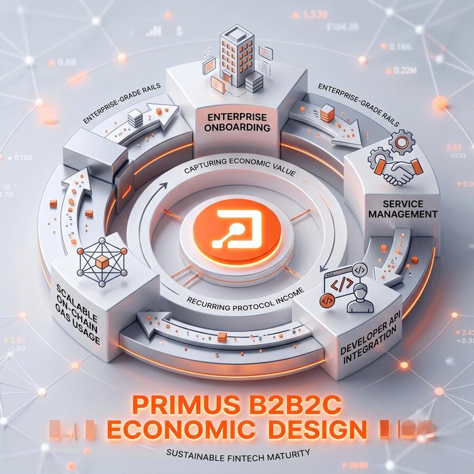 A 3D infographic titled 'PRIMUS B2B2C ECONOMIC DESIGN - SUSTAINABLE FINTECH MATURITY' showing a circular flow diagram with pillars like 'Enterprise Onboarding,' 'Service Management,' and 'Developer API Integration.'