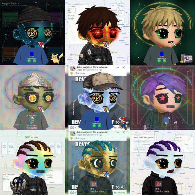 A 3x3 grid displays nine variations of chibi-style "Looper Agent" NFT characters with glowing cyberpunk aesthetics, mechanical bodies, and "Access Granted" badges, accompanied by visible references to "Looper Agents," "helixa.xyz," and "Angela Ben Ephraim" from "Artists Against Generative AI," illustrating the mint-complete collection of ownable agent identities.