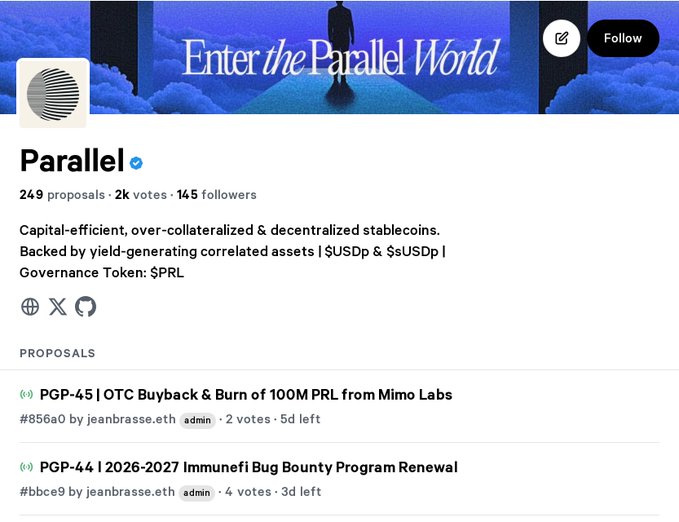 A Snapshot page for 'Parallel' displays the banner 'Enter the Parallel World' and describes itself as 'Capital-efficient, over-collateralized & decentralized stablecoins' with proposals including 'PGP-45 | OTC Buyback & Burn of 100M PRL from Mimo Labs' and 'PGP-44 | 2026-2027 Immunefi Bug Bounty Program Renewal'.