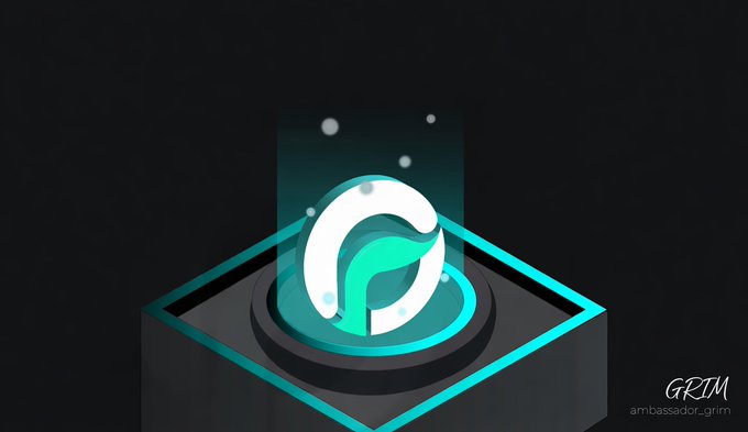 The image shows a glowing teal and white "P" logo displayed on a futuristic pedestal with neon blue accents against a dark background, with the text "GRM" and "ambassador_grm" in the bottom right corner. This visually represents the partnership between Predict Foundation (@PredictFDN) and OKX AI, symbolizing the fusion of AI technology with on-chain prediction capabilities.