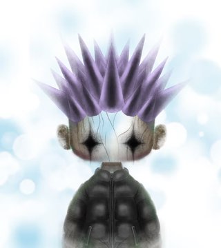 An artistic illustration of a small doll-like figure with an oversized head, spiky purple hair, closed eyes, and a dark puffer jacket, set against a soft bokeh light blue background.