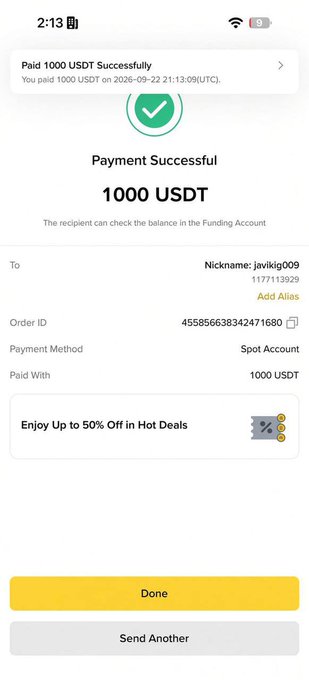 A screenshot of a Binance payment confirmation showing 1000 USDT successfully sent to user "javlikg009" (UID 1177113929) via Spot Account, with order ID 455856638342471680, serving as proof of the first $1000 transfer mentioned in the post.