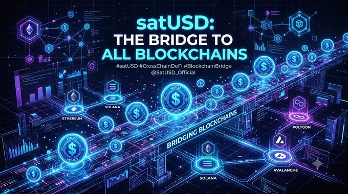 The image is a futuristic digital graphic titled **"satUSD: THE BRIDGE TO ALL BLOCKCHAINS,"** featuring prominent blockchain logos (Ethereum, Solana, Polygon, Avalanche) and circular satUSD tokens interconnected along a glowing pathway labeled "BRIDGING BLOCKCHAINS," with tags "#satUSD #CrossChainDeFi #BlockchainBridge" and the handle "@satUSD_Official." 

It visually reinforces the post's theme of **chain abstraction and seamless stablecoin use across chains**, illustrating how satUSD eliminates traditional "bridging headaches" by serving as a unified connector between major blockchain networks.