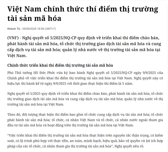 A Vietnamese news article titled 'Việt Nam chính thức thí điểm thị trường tài sản mã hóa' (Vietnam officially pilots the crypto asset market) dated 09/09/2025, discussing Decree 5/2025/NQ-CP on piloting crypto asset market operations.