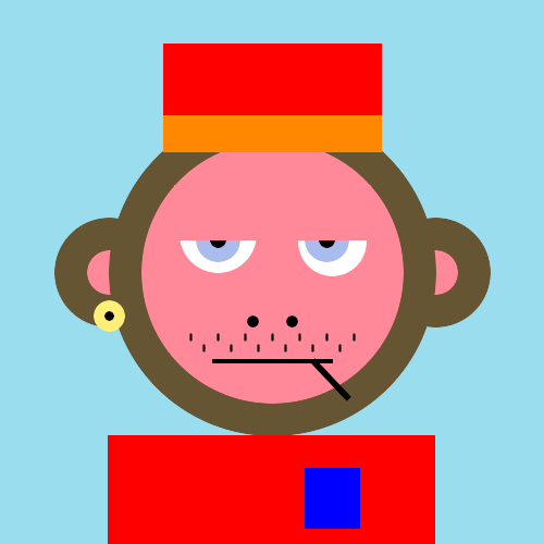 A stylized cartoon illustration of a monkey character with a pink face, stubble, a red pillbox-style hat, a yellow earring, and a red shirt against a light blue background.