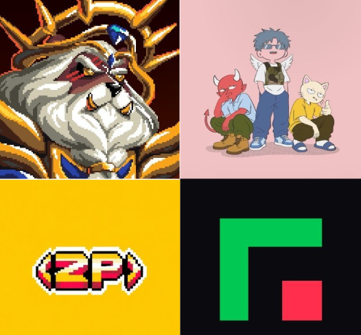 A collage of four images featuring pixelated anime-style characters, two logos including 'ZP' on a yellow background, and a green and red geometric symbol on a black background.